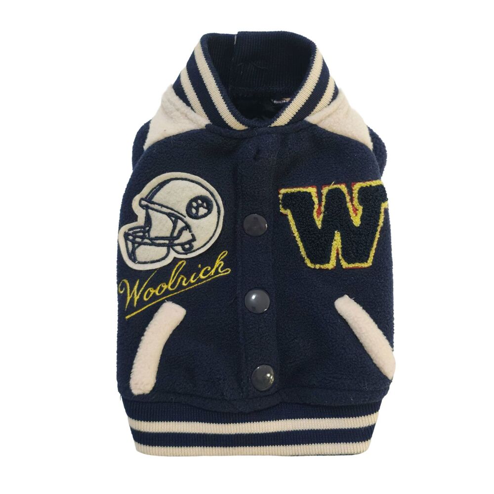 Woolrich Dog Varsity Fleece Jacket Football Warm Lined Blue White XS or XXS